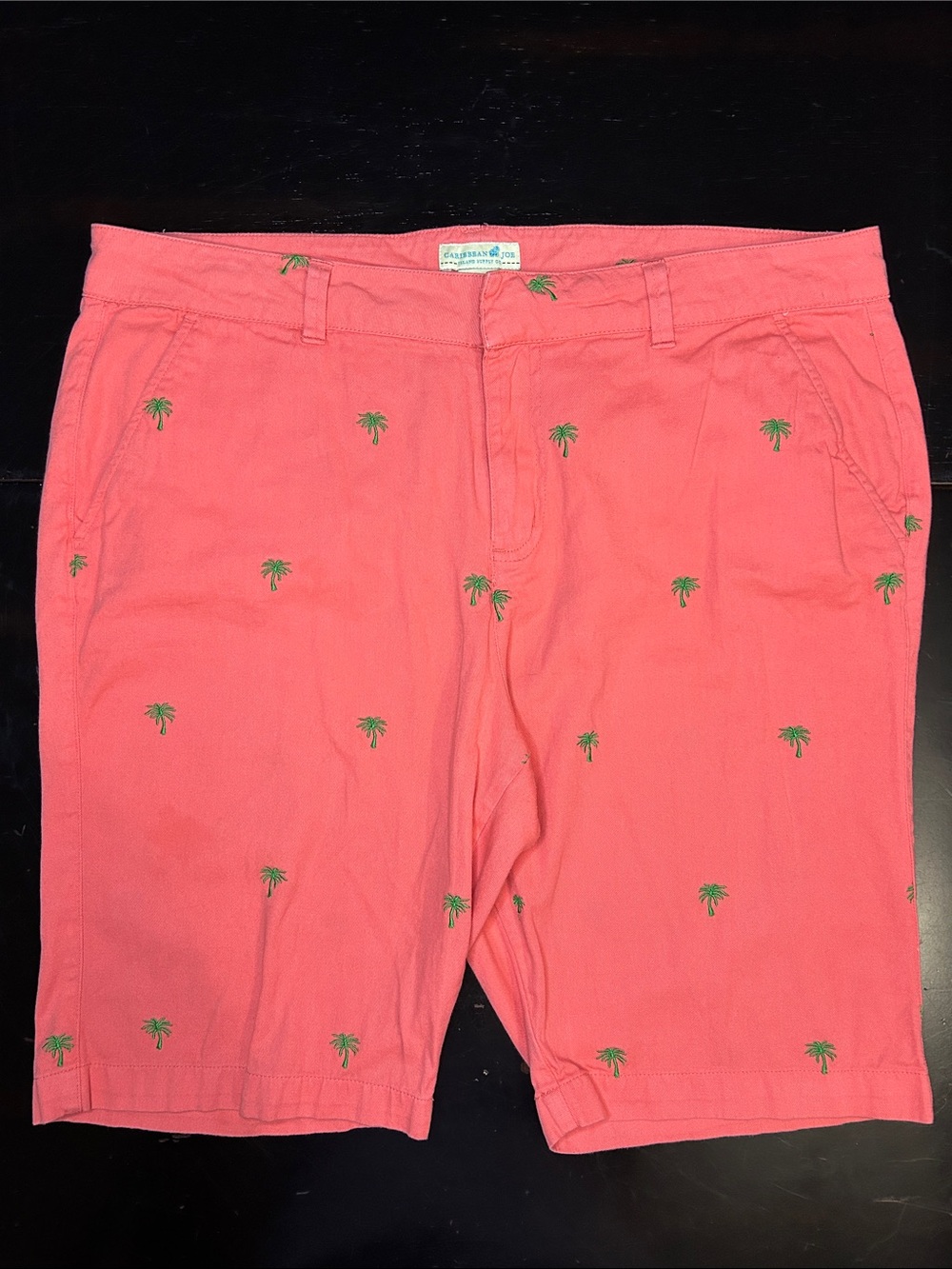 Caribbean Joe Coral with embroidered Green Palm 100* cotton board shorts relaxed